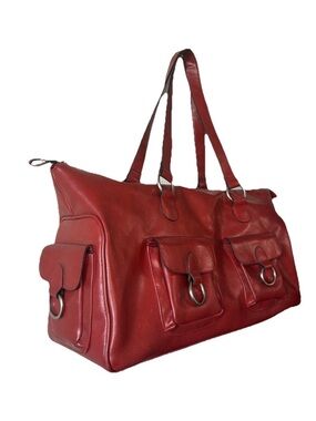 Y2K Red Faux Leather Weekender Duffel Tote Bag Multi Pocket Large